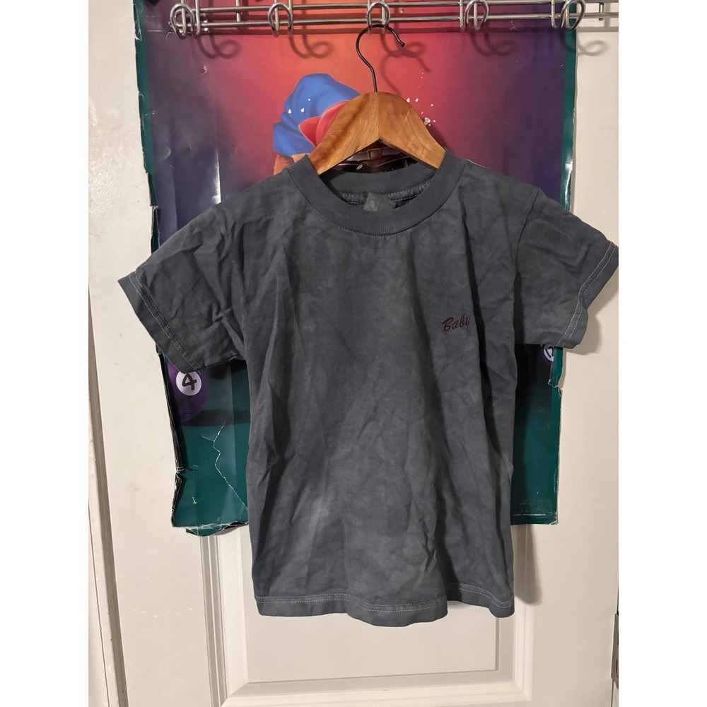 Vintage Mineral Wash Gray Baby Script Embroidered T-Shirt Short Sleeve Crewneck